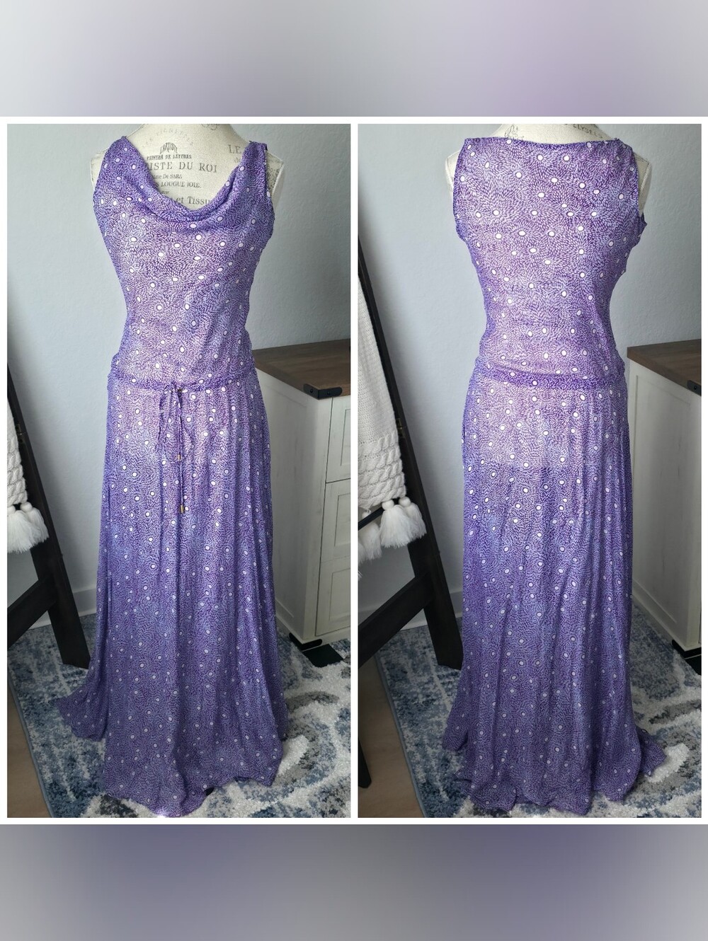 DIANE Von FURSTENBERG 100% Silk Tadd Printed Maxi Dress Cowl Neck Purple Small